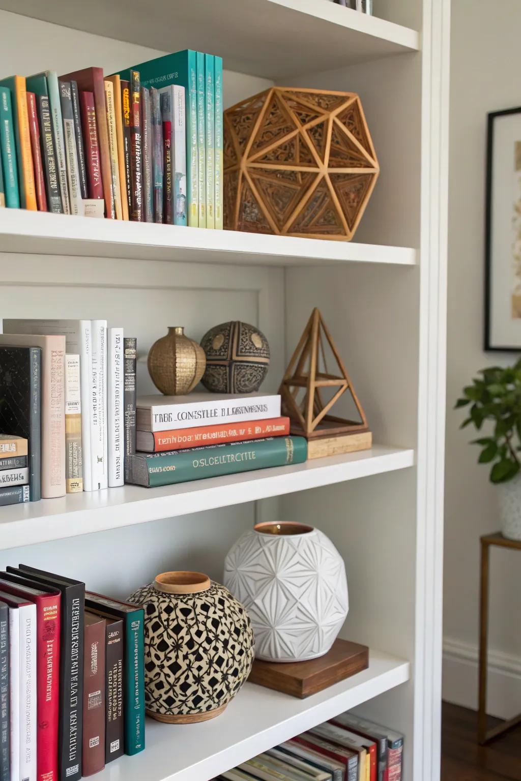 A bookshelf manifesting dynamic geometrical configurations.