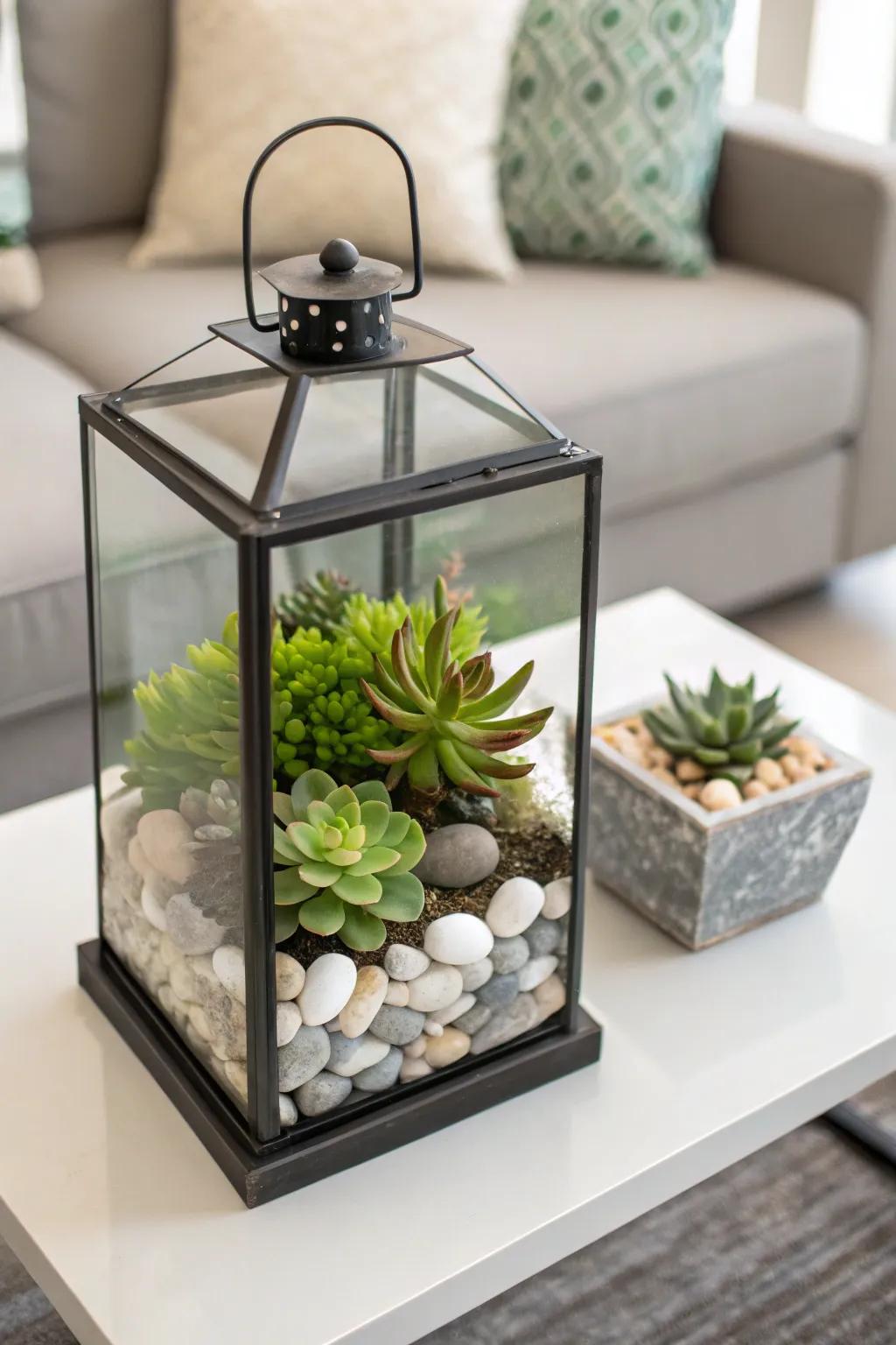Contemporary lantern with a mix of succulents and stones.