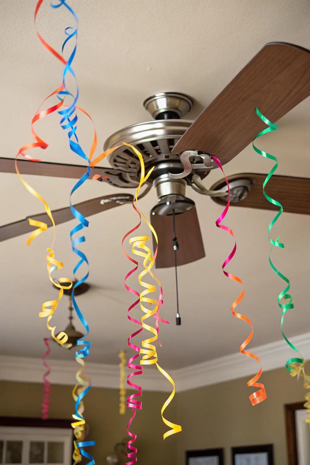 Add dynamic flair with streamers on an overhead fan.