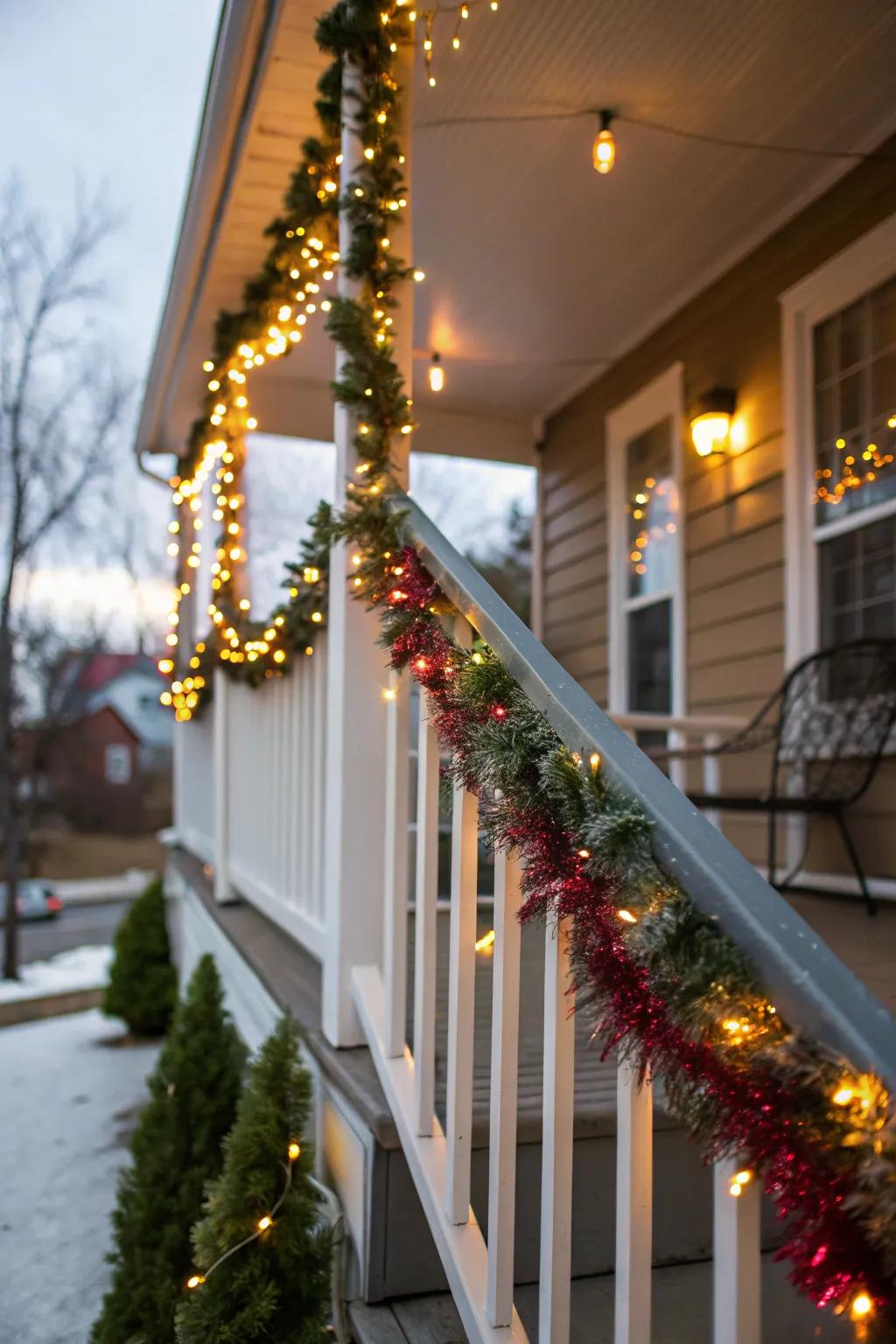 A deck featuring supports beautifully adorned with glittery strands.