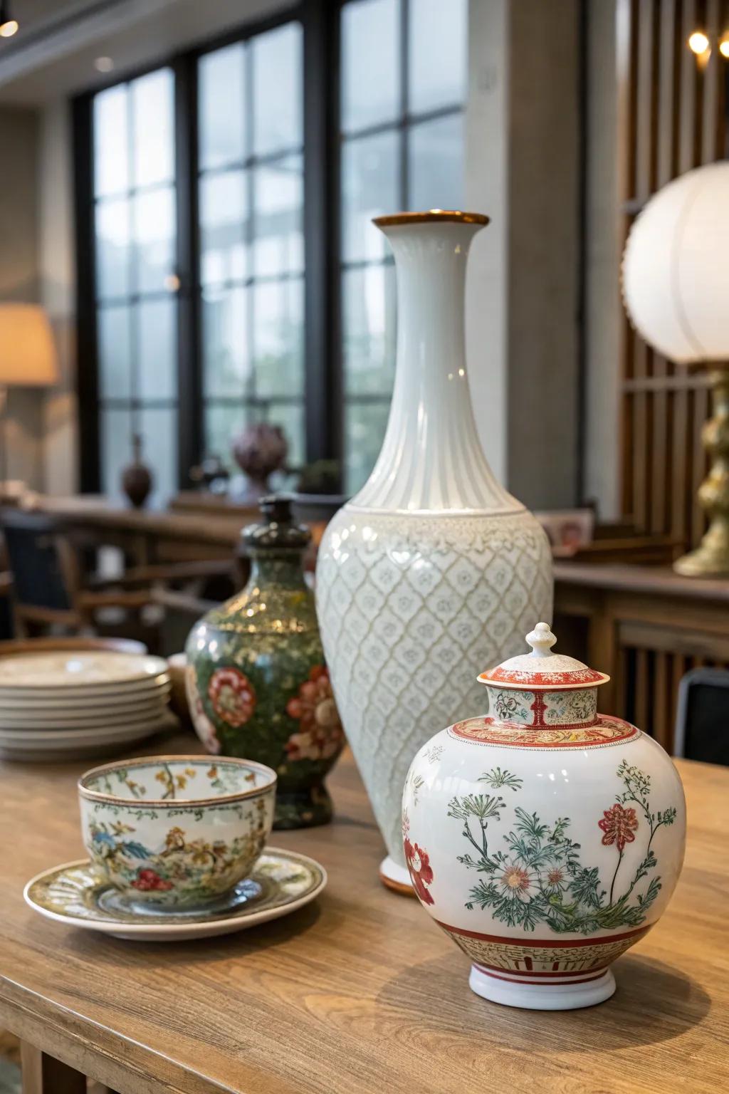 A playful blend of vintage and modern china pieces creating a unique display.