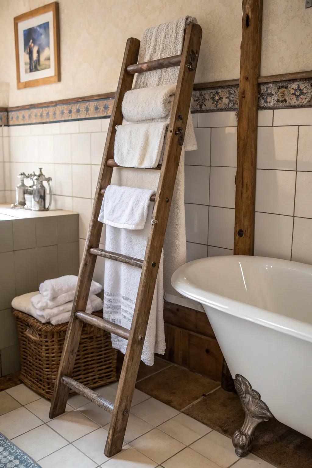 A vintage ladder brings a charming and practical touch to towel displays.