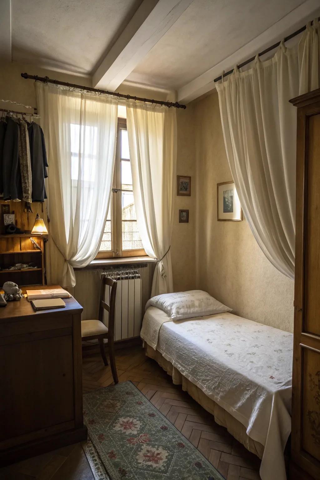 High-hung curtains enhancing the room&rsquo;s height.