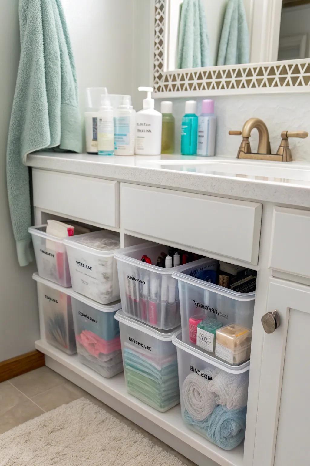 Recyclable plastic bins in a cabinet, offering an eco-friendly storage solution.
