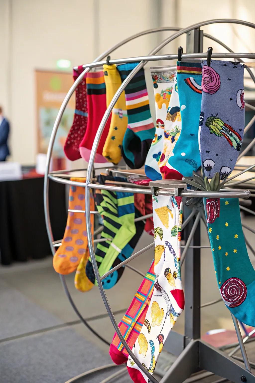 Your sock collection looks stunning on a spinning rack.