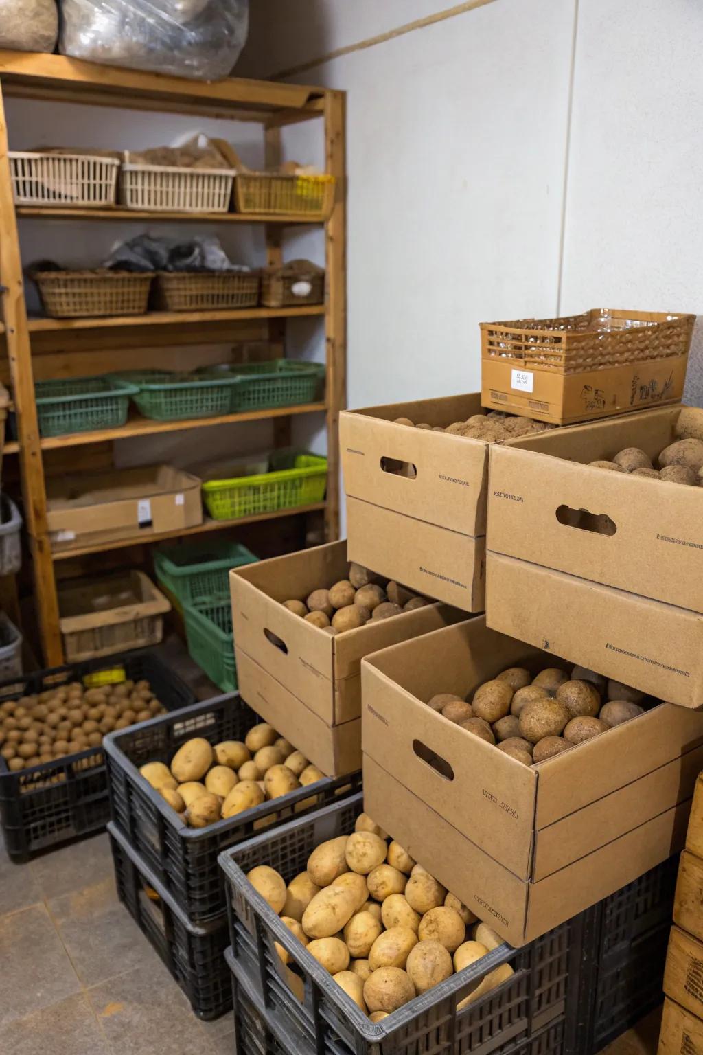Sustainable potato storage using recycled cardboard boxes.