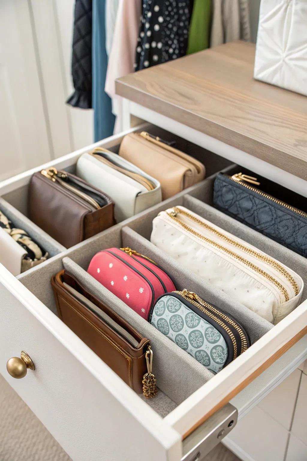 Drawer organizers effectively storing small purses in a tidy manner.