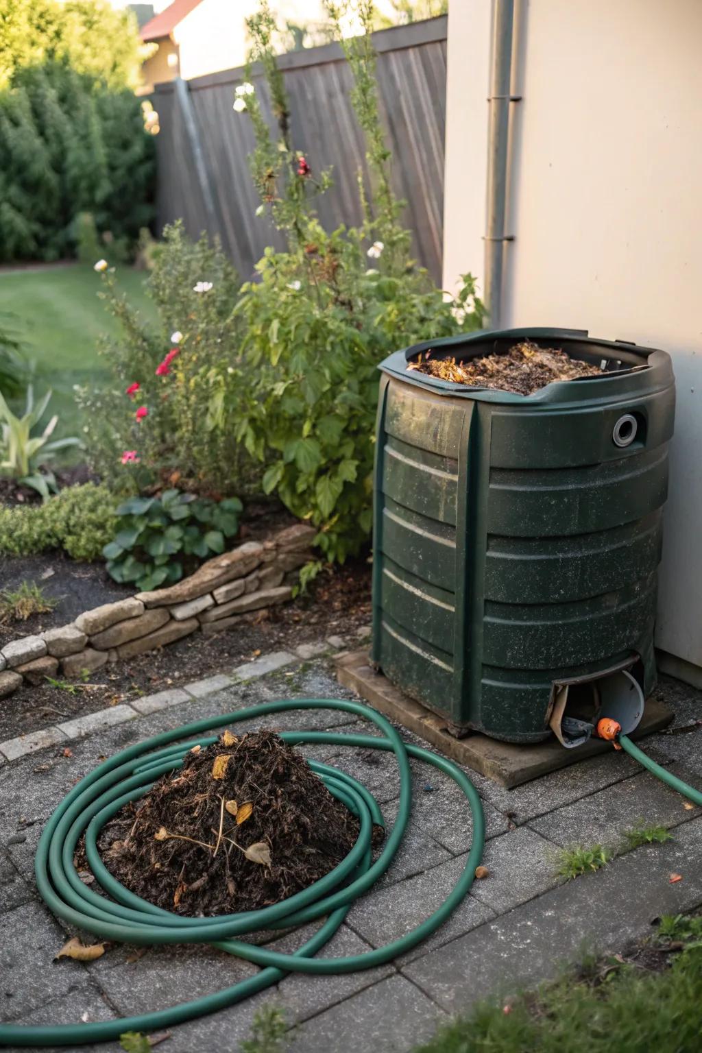 A composter is strategically located near a water hose for quick and easy watering.