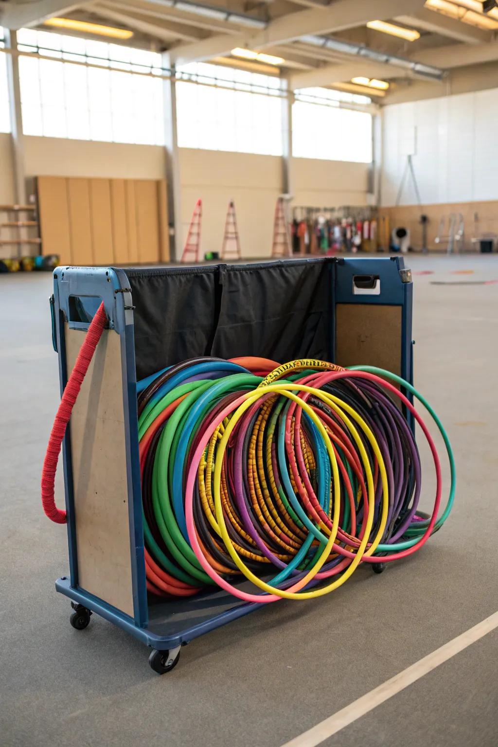 A mobile storage cart loaded with hula hoops, offering flexibility and convenience.