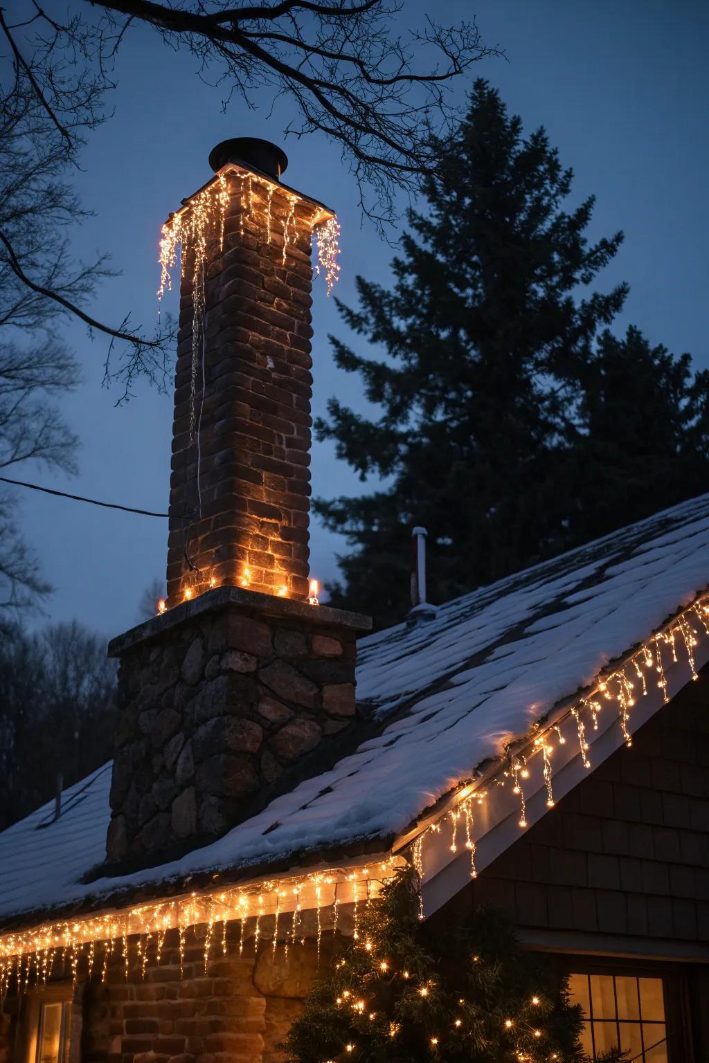 A chimney highlighted with dazzle drops, adding charm to the house.