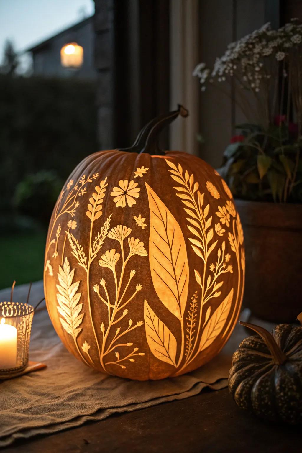 A pumpkin with floral carvings presenting a delicate and nature-inspired pattern.