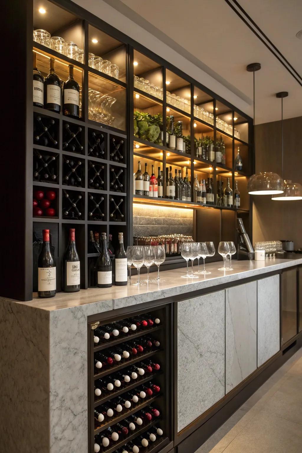 A wine display appends elegance and utility to your bar area.
