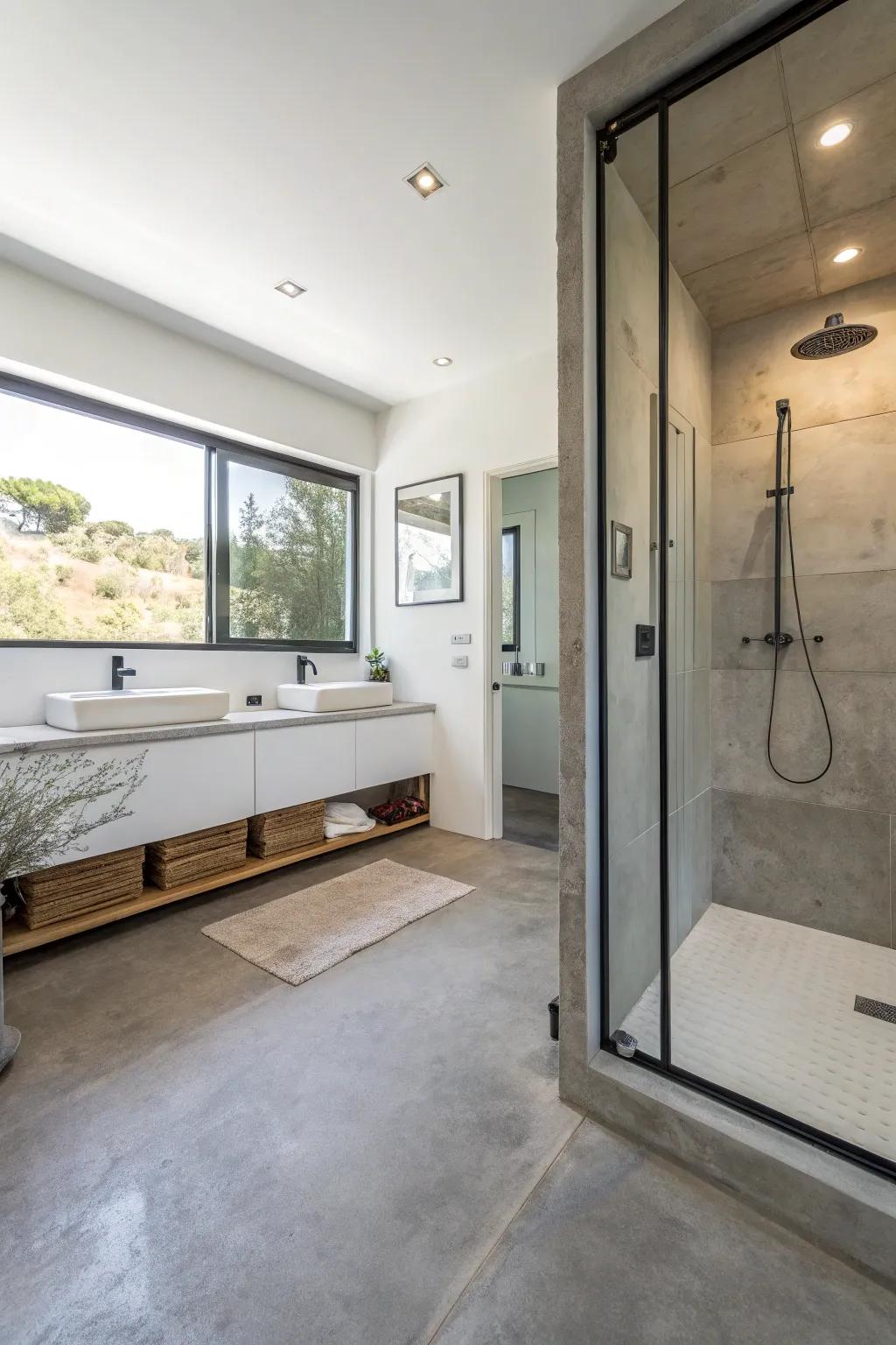 Concrete floors are perfect for sleek, modern bathrooms.
