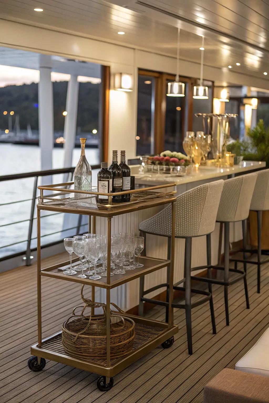 This indoor deck has a social component because to a transportable bar arrangement.