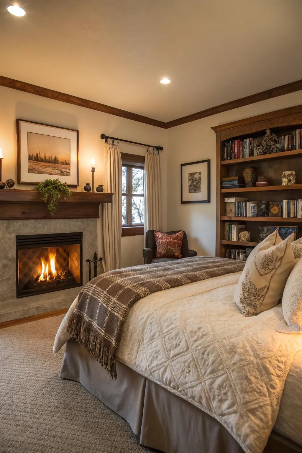 A bedroom with a cozy fireplace, establishing a warm and inviting atmosphere.