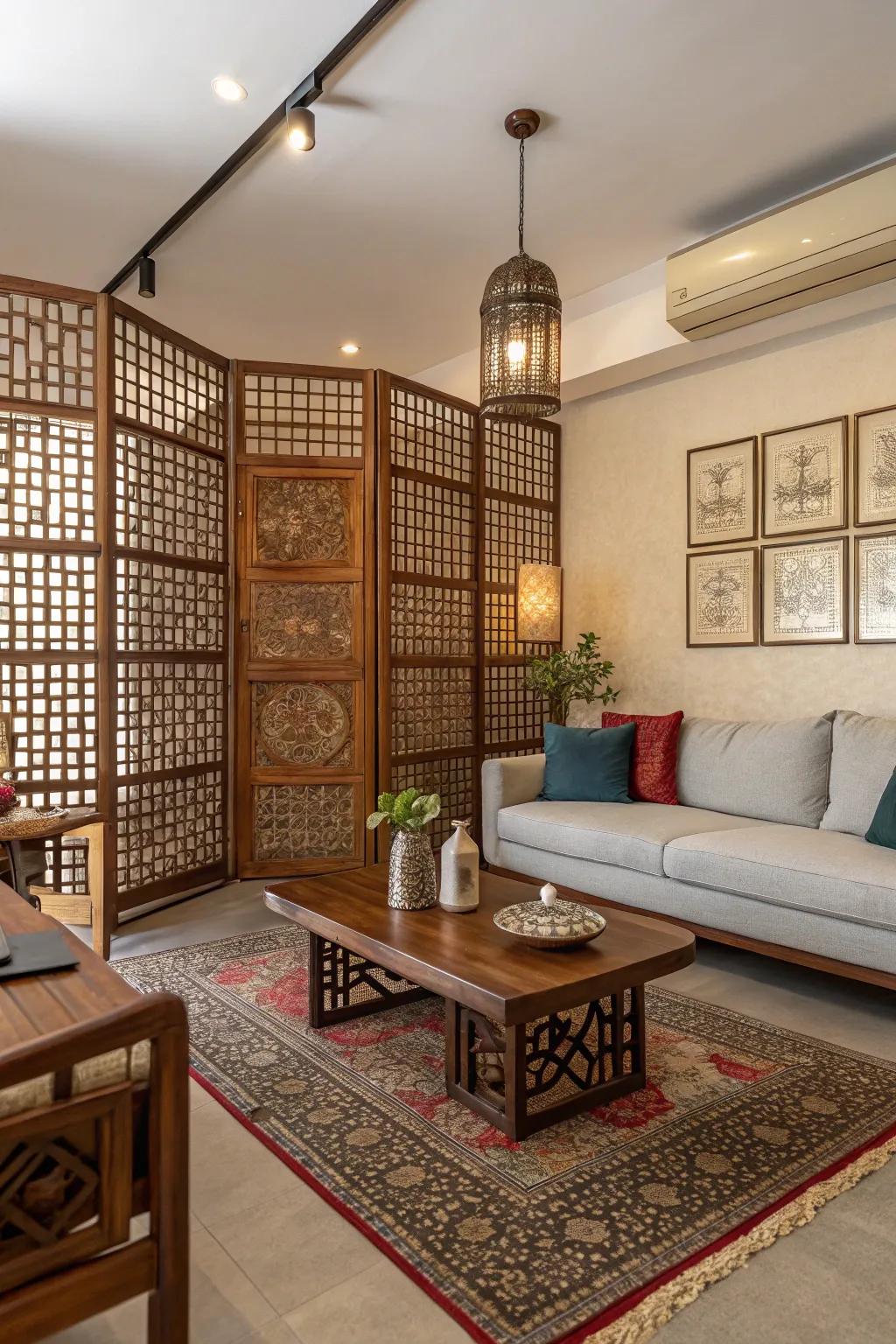 Eclectic lounge featuring a lively lattice wall attribute.