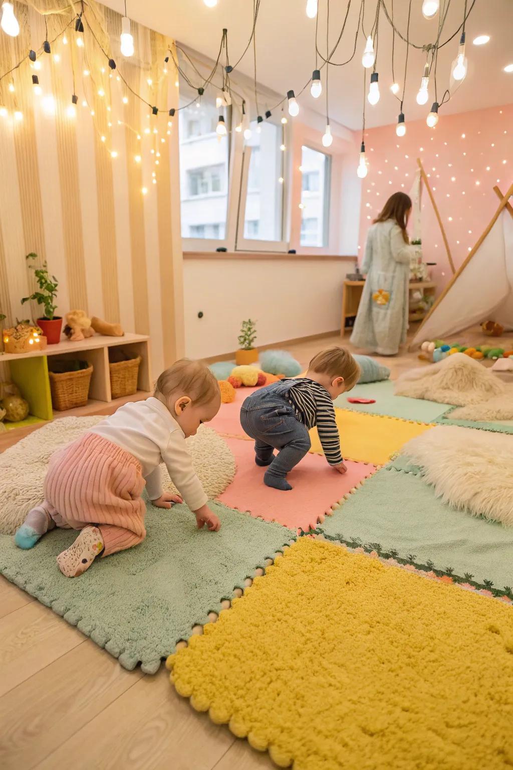Interactive rugs engage infants in sensory play.