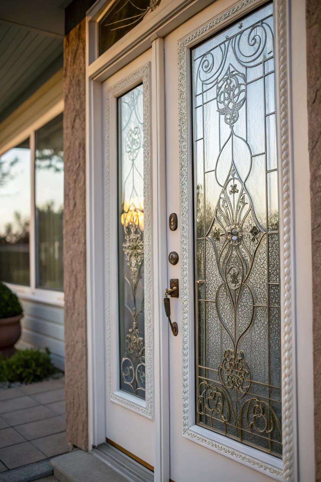Patterned glass adds privacy and grace to this door.