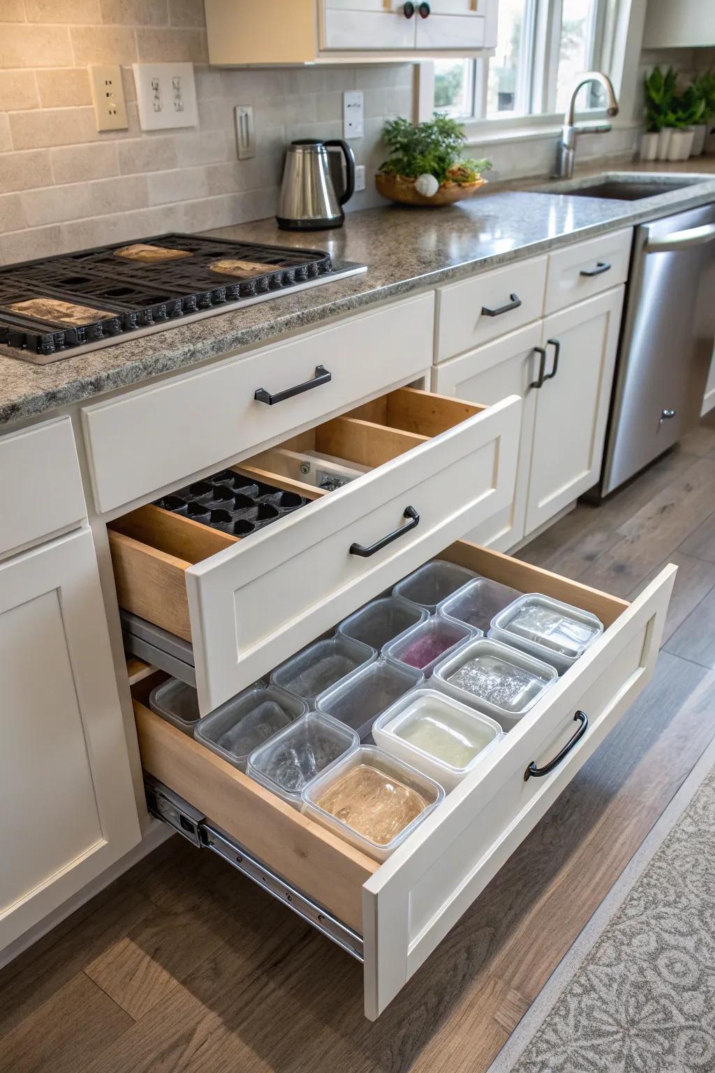 Hidden drawers turn unused spaces into valuable storage.