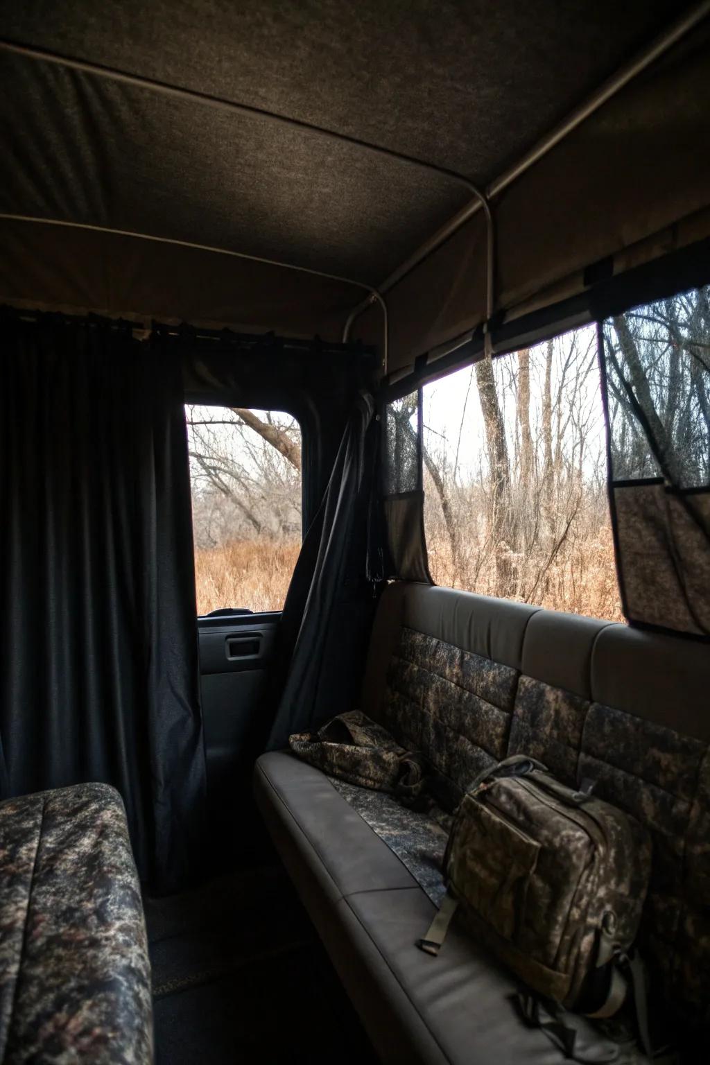 Darkness privacy curtains regulate lighting, improving stealth.