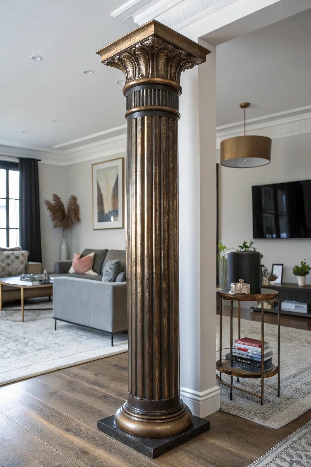 Metal touches add shine to columns.