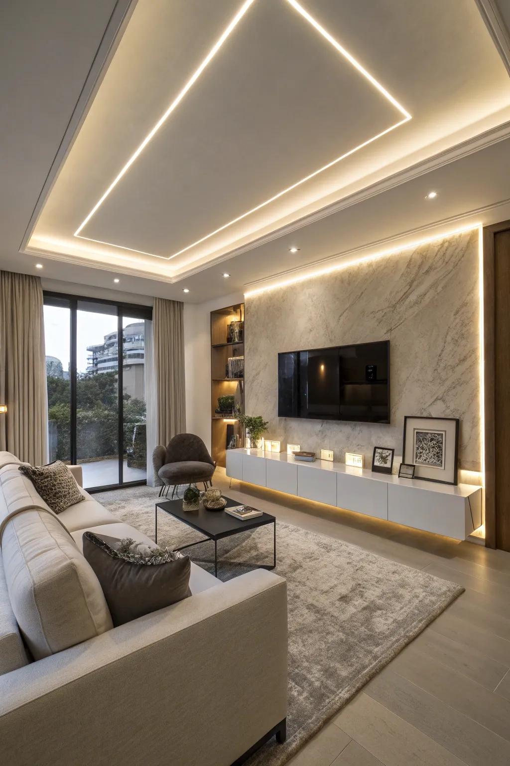 A modern living room with concealed accent lighting for a subtle ambiance.