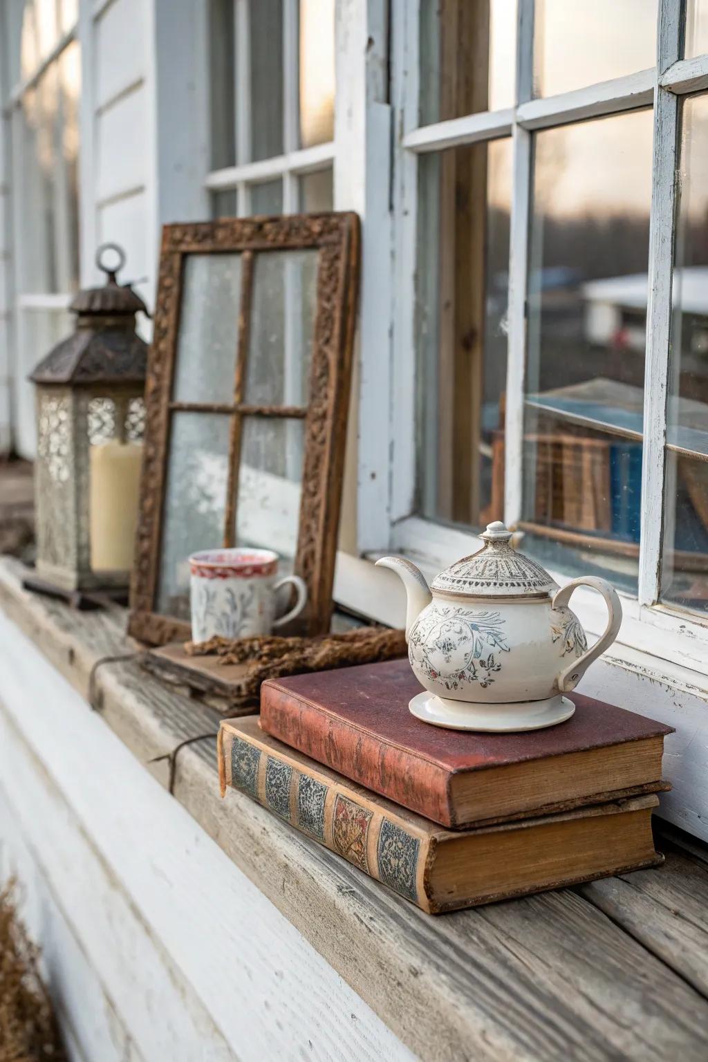 Rustic components inject warmth and charm into your window sill.
