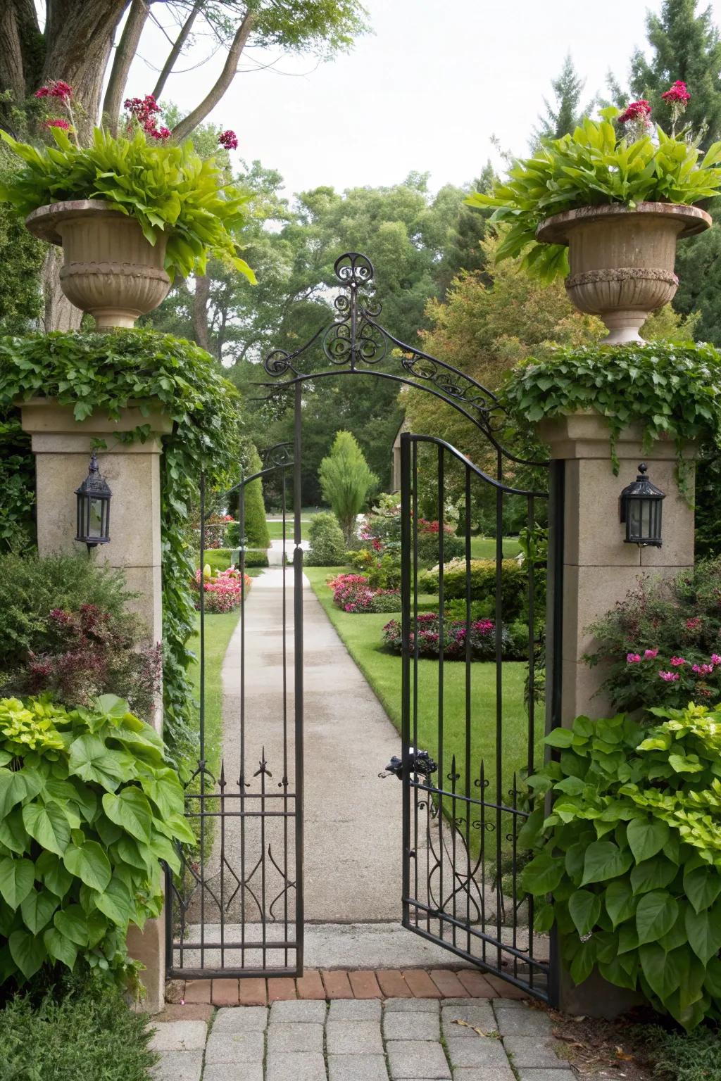 A nature-friendly iron entrance featuring greenery that boosts its charm.