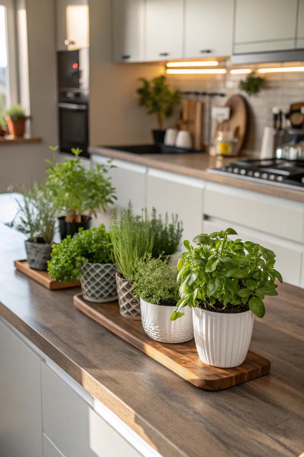 Greenery bringing life and freshness to a kitchen island.