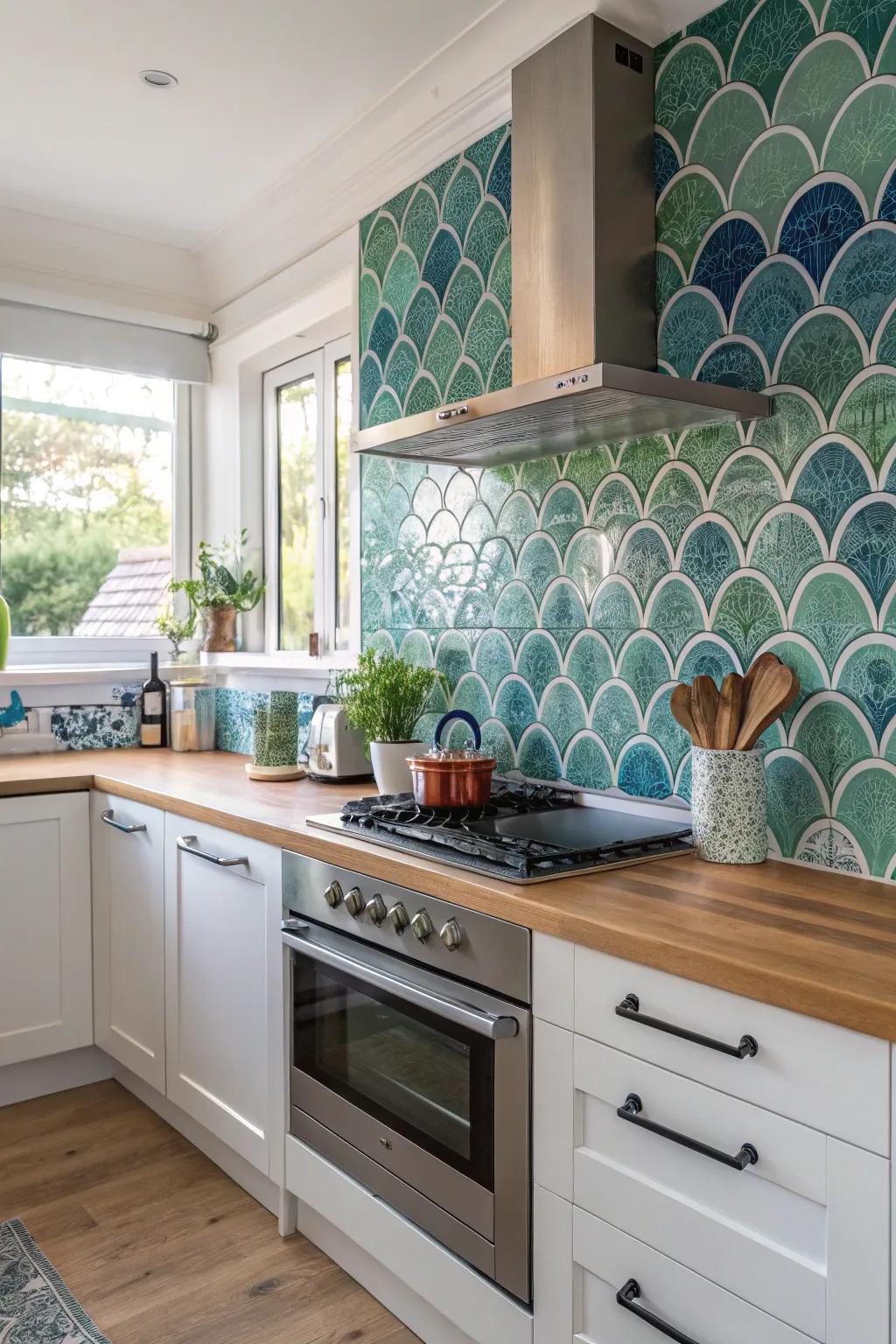 Coastal-inspired tiles convey a refreshing coastal vibe.