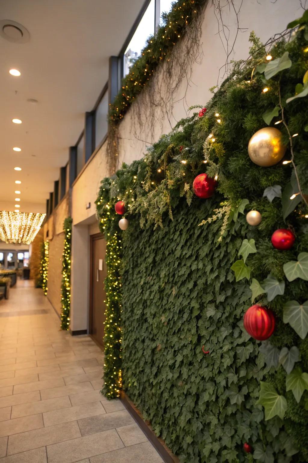 A greenery wall adorned with seasonal decorations for a festive touch.