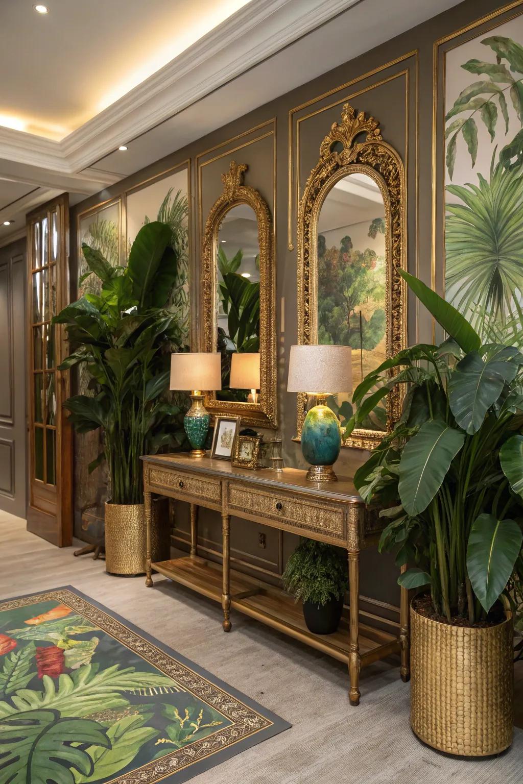 Gold accents provide a luxurious contrast to the natural jungle theme.