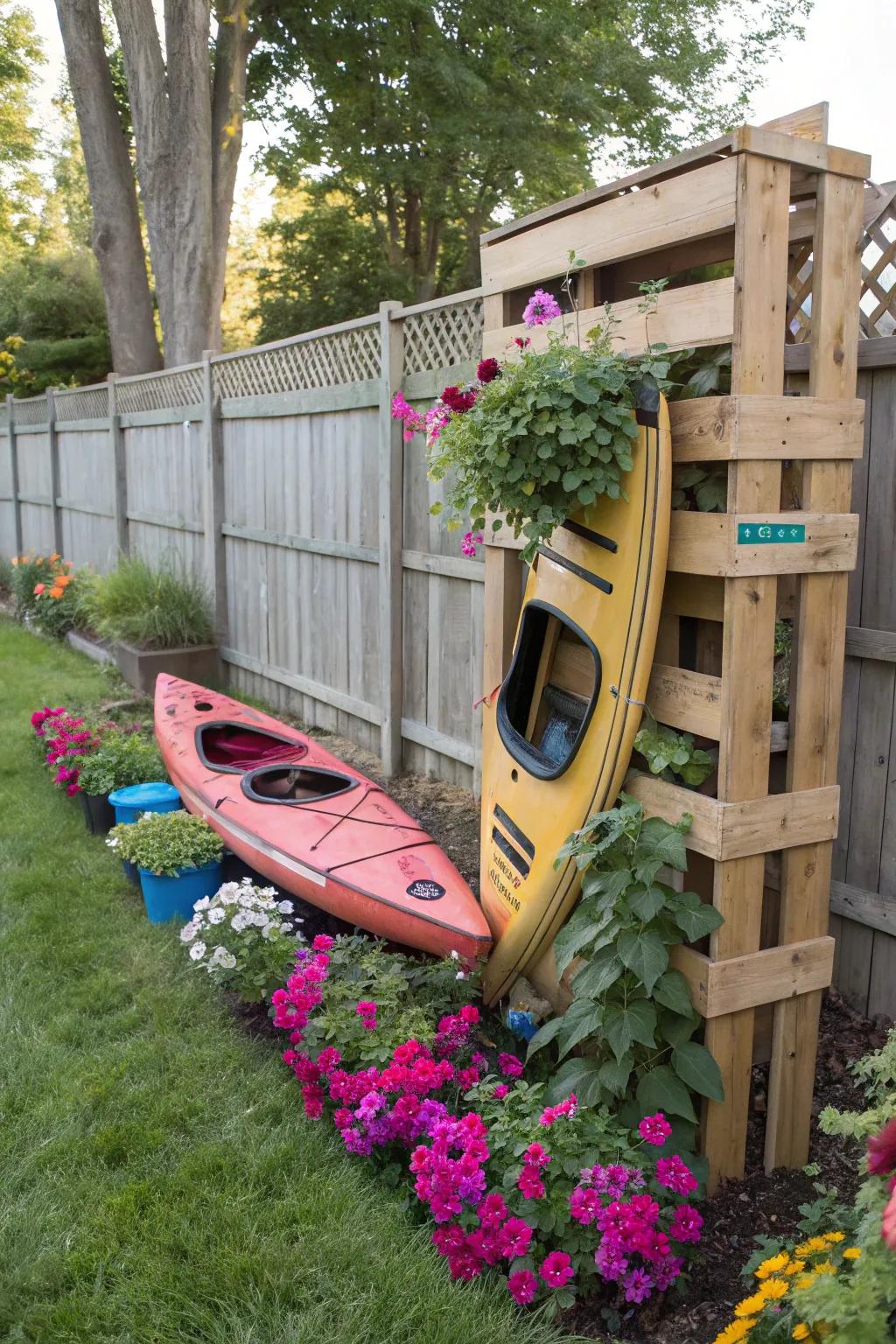 Eco-friendly kayak holder constructed from reclaimed deck boards.