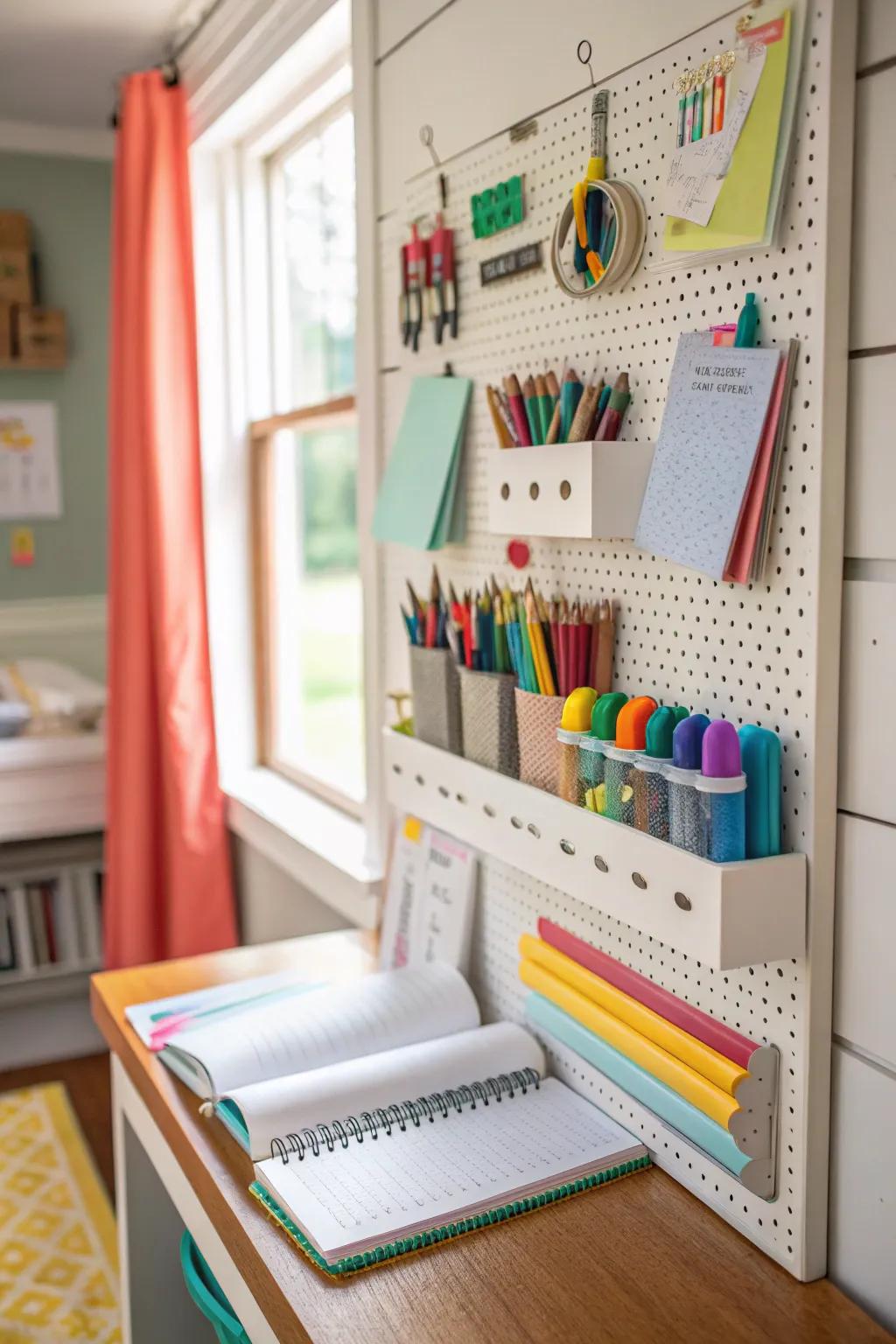 A versatile pegboard arrangement for a clutter-free workspace.