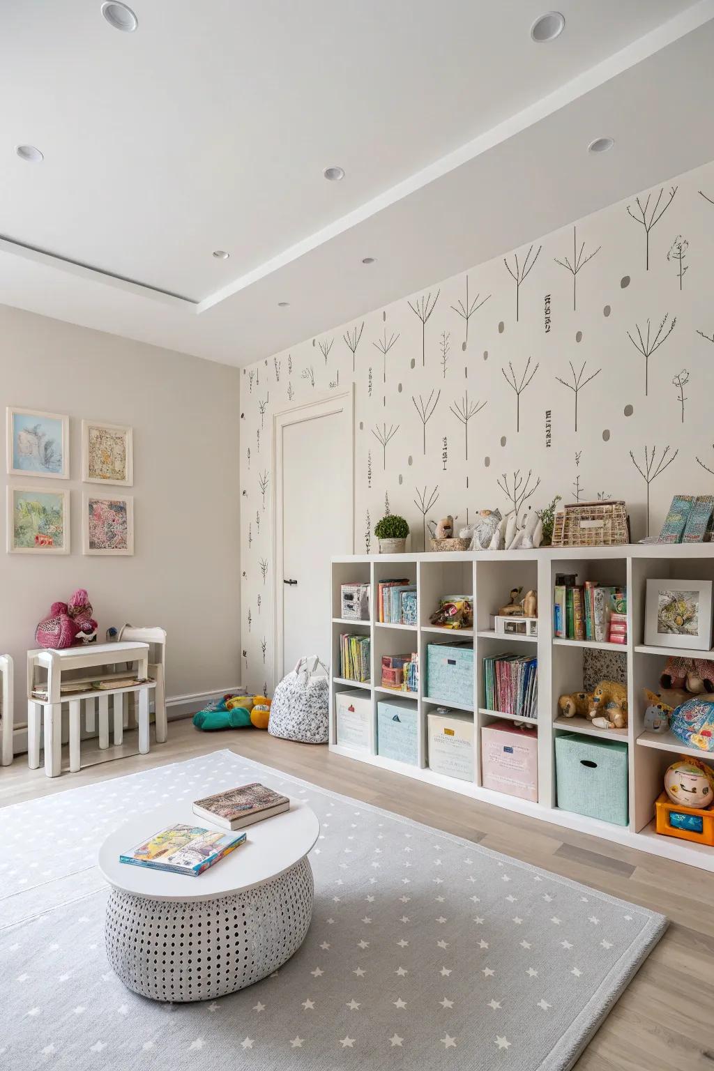 A playroom with minimalist wallpaper offering an understated elegance.