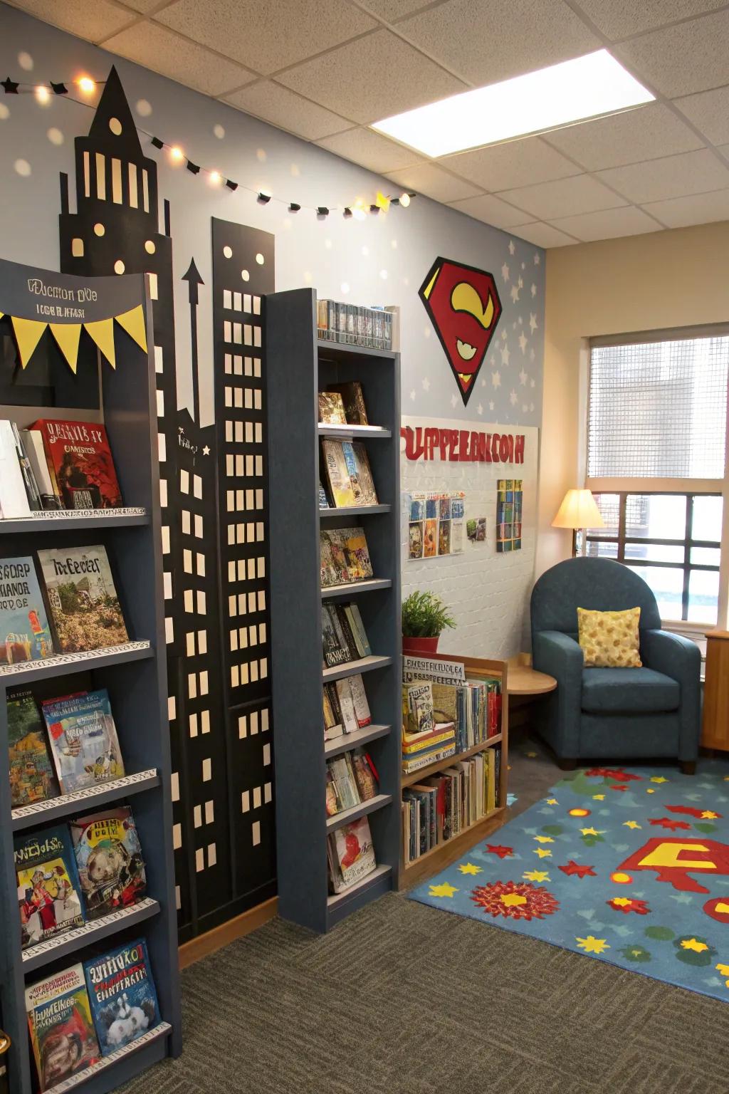 A dynamic superhero headquarters, inspiring heroic reading adventures.