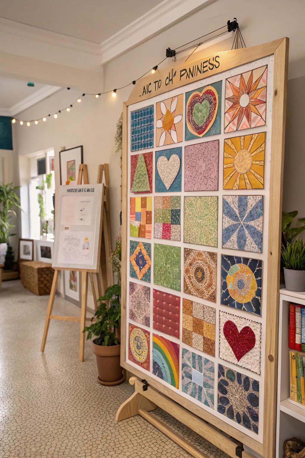 A creative home studio kindness artwork board with colorful, symbolic segments.