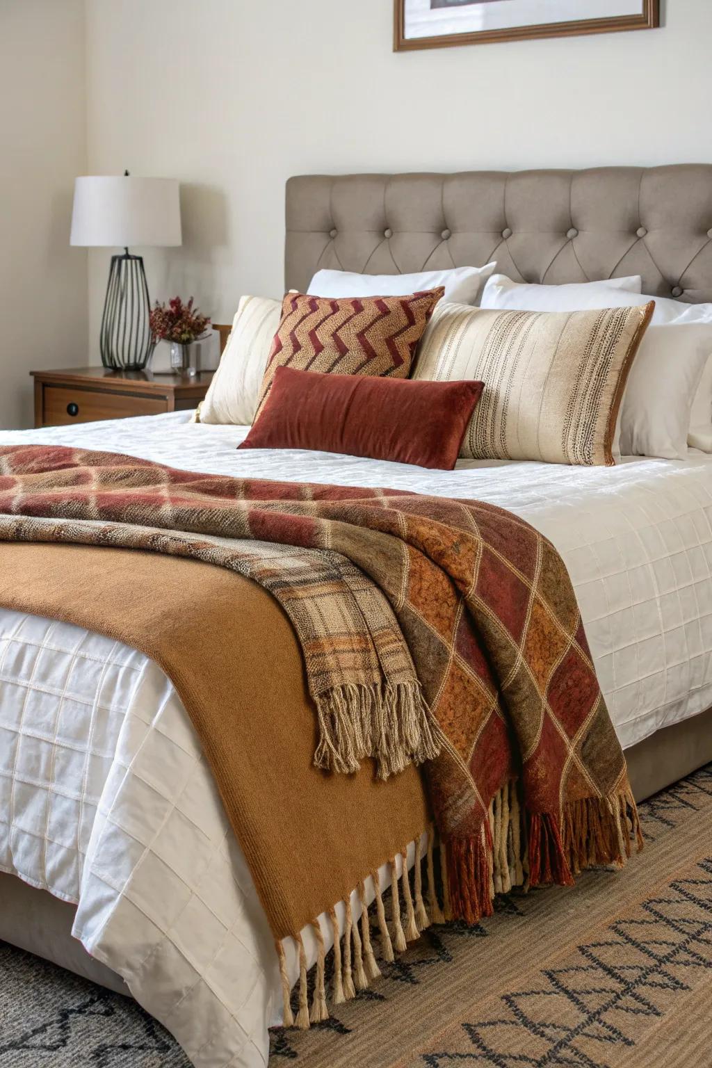 Seasonal bedding transformations bring a rejuvenated look to this king-sized bed.