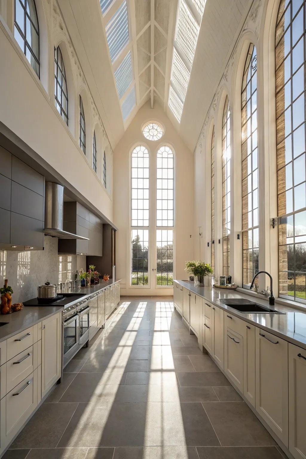 Towering windows amplify vertical territory and convey copious natural illumination into the cooking area.