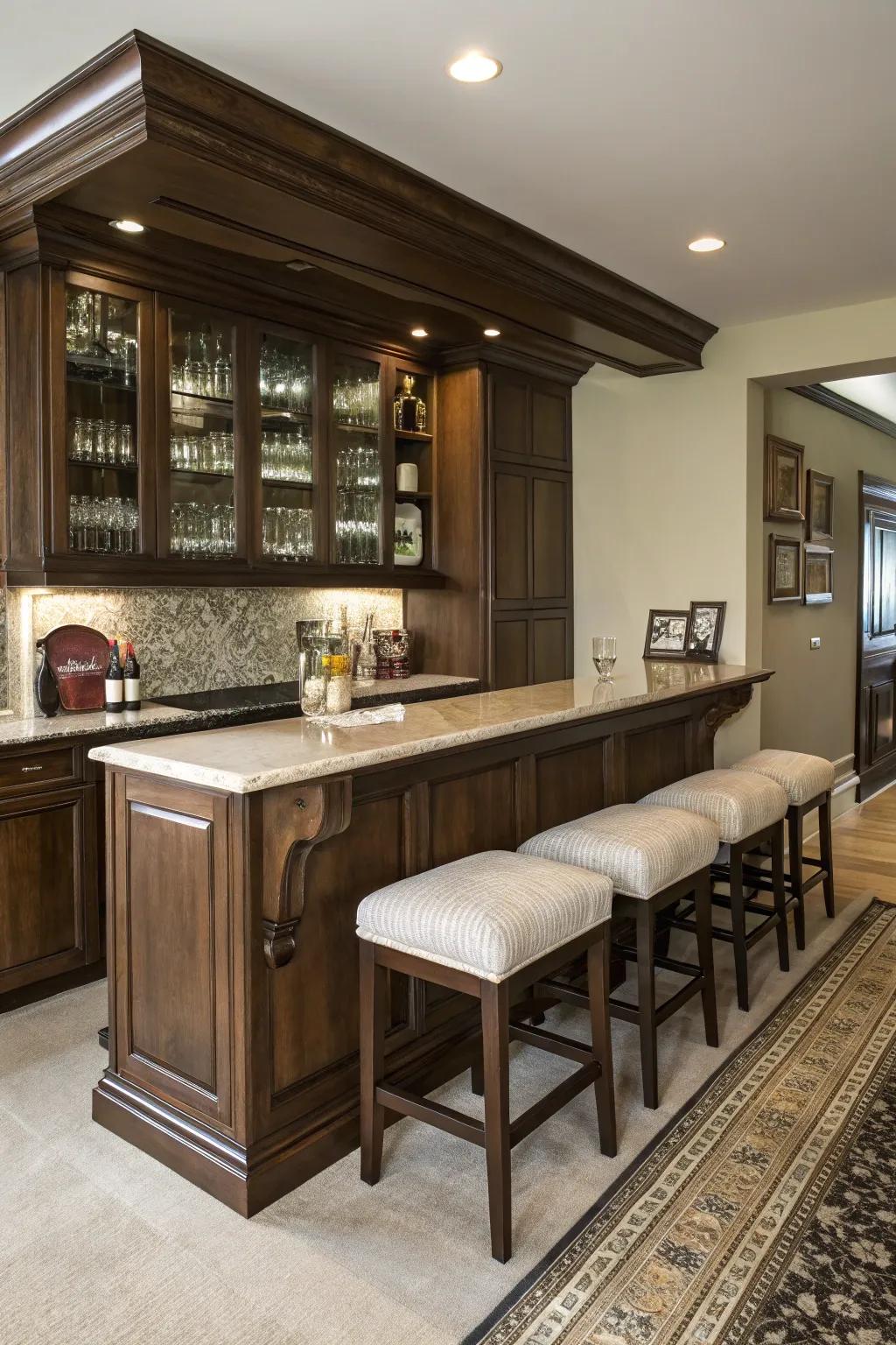 Built-in seating turns this bar cabinet into a social focal point.