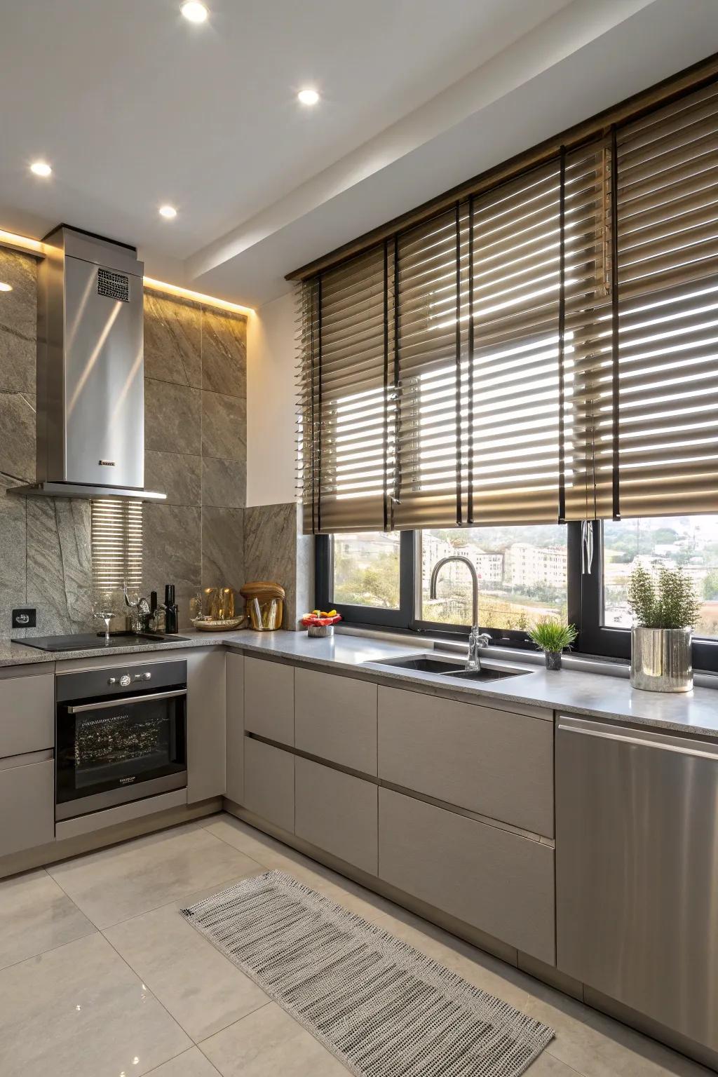 Modern kitchen featuring metallic blinds