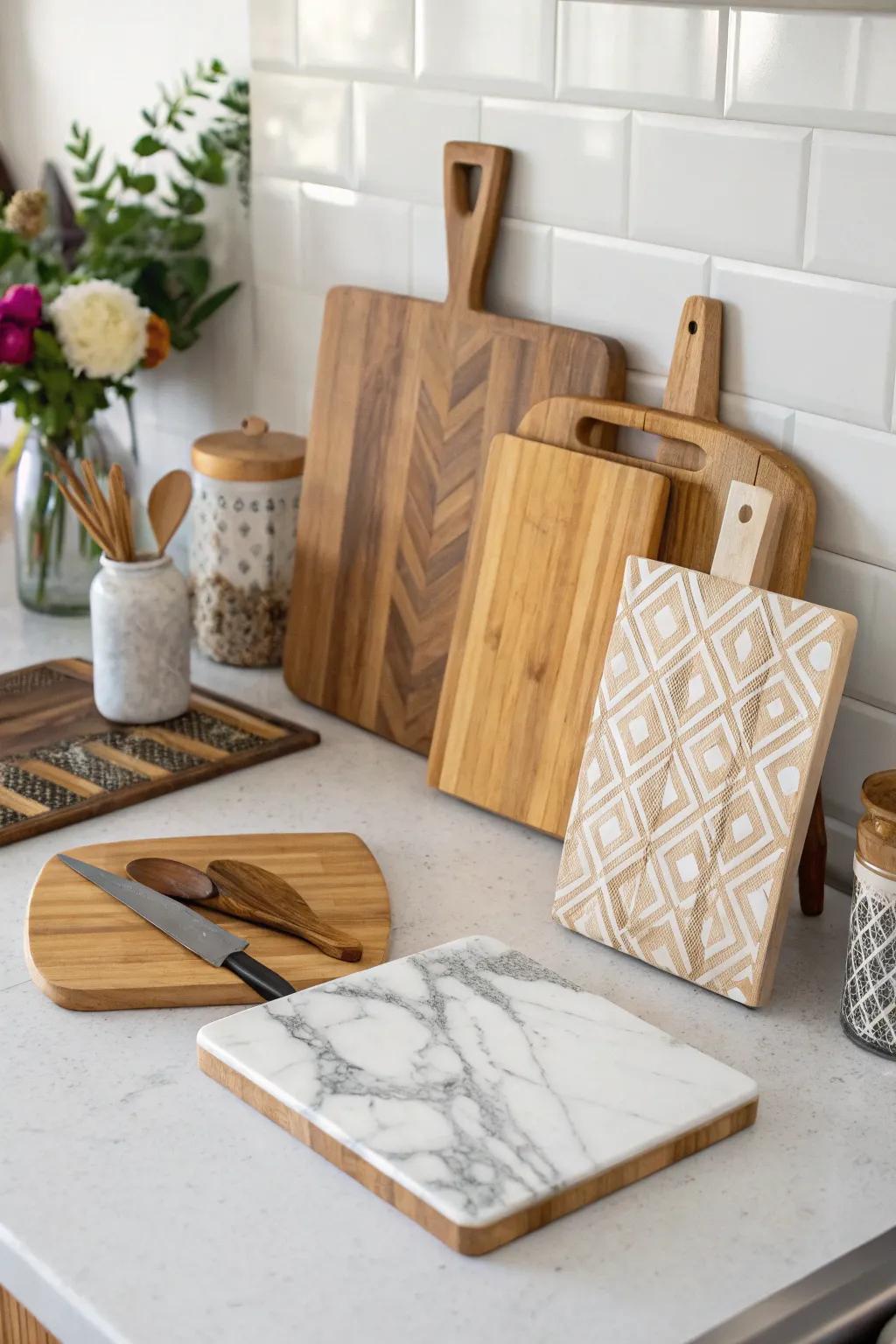 An assorted blend of chopping blocks brings vibrant variety to the culinary space.