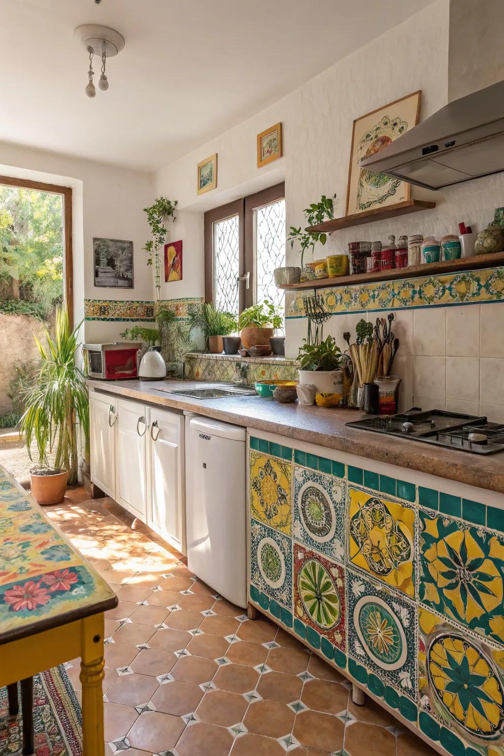 Chromatic tile countertops infuse vibrancy into the kitchen.