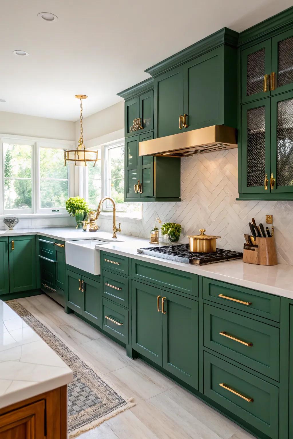 Elegant jewel green contributes a hint of luxury to the cooking area.