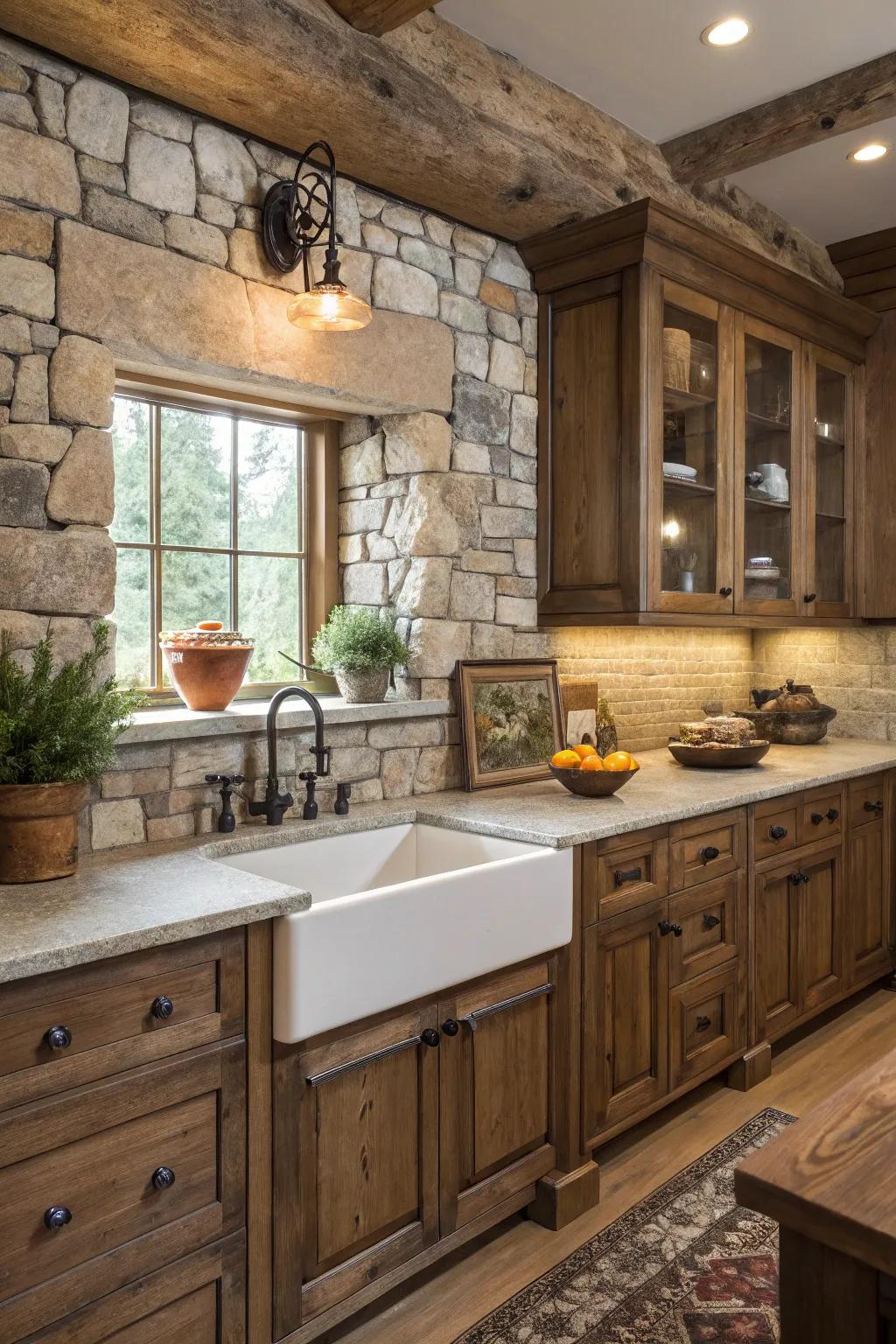 Elegant country style with rock and stone-like materials.