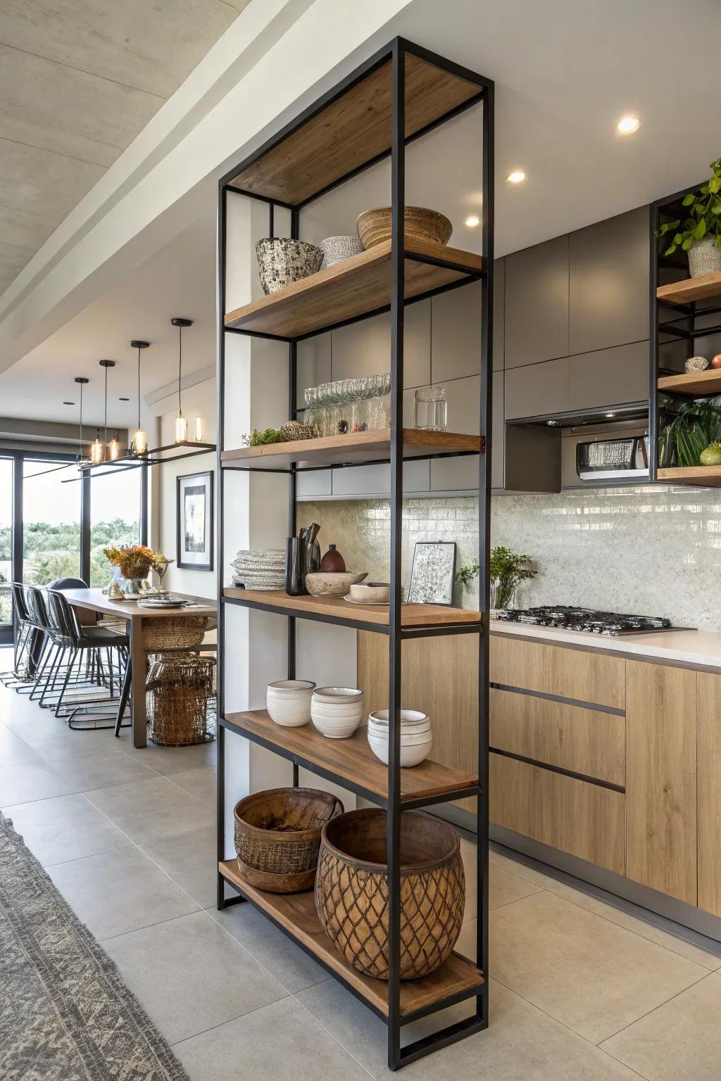 Shelves create distinct kitchen zones.