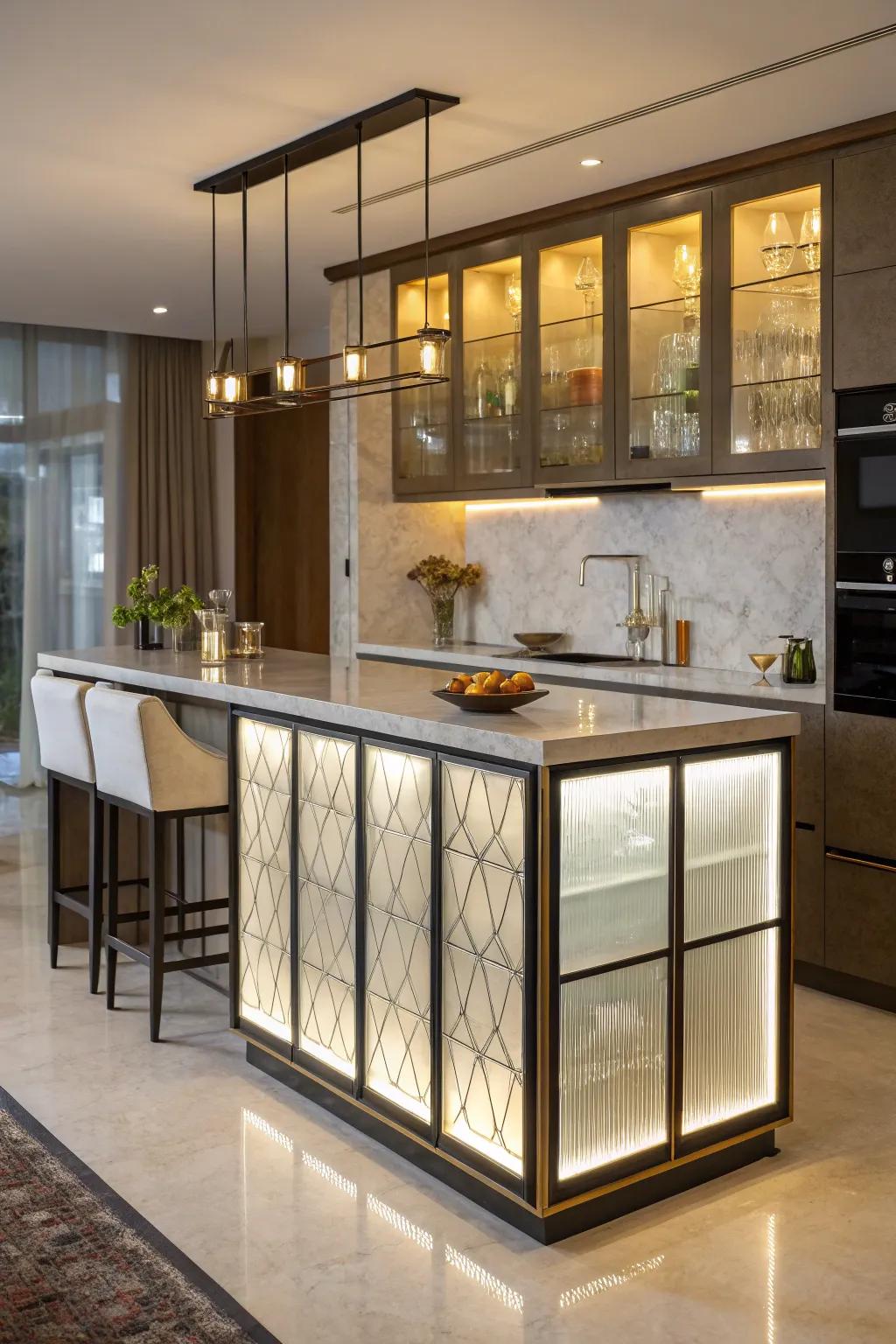 Glass boards craft a light-filled atmosphere, improving the organic brightness of this kitchen island.