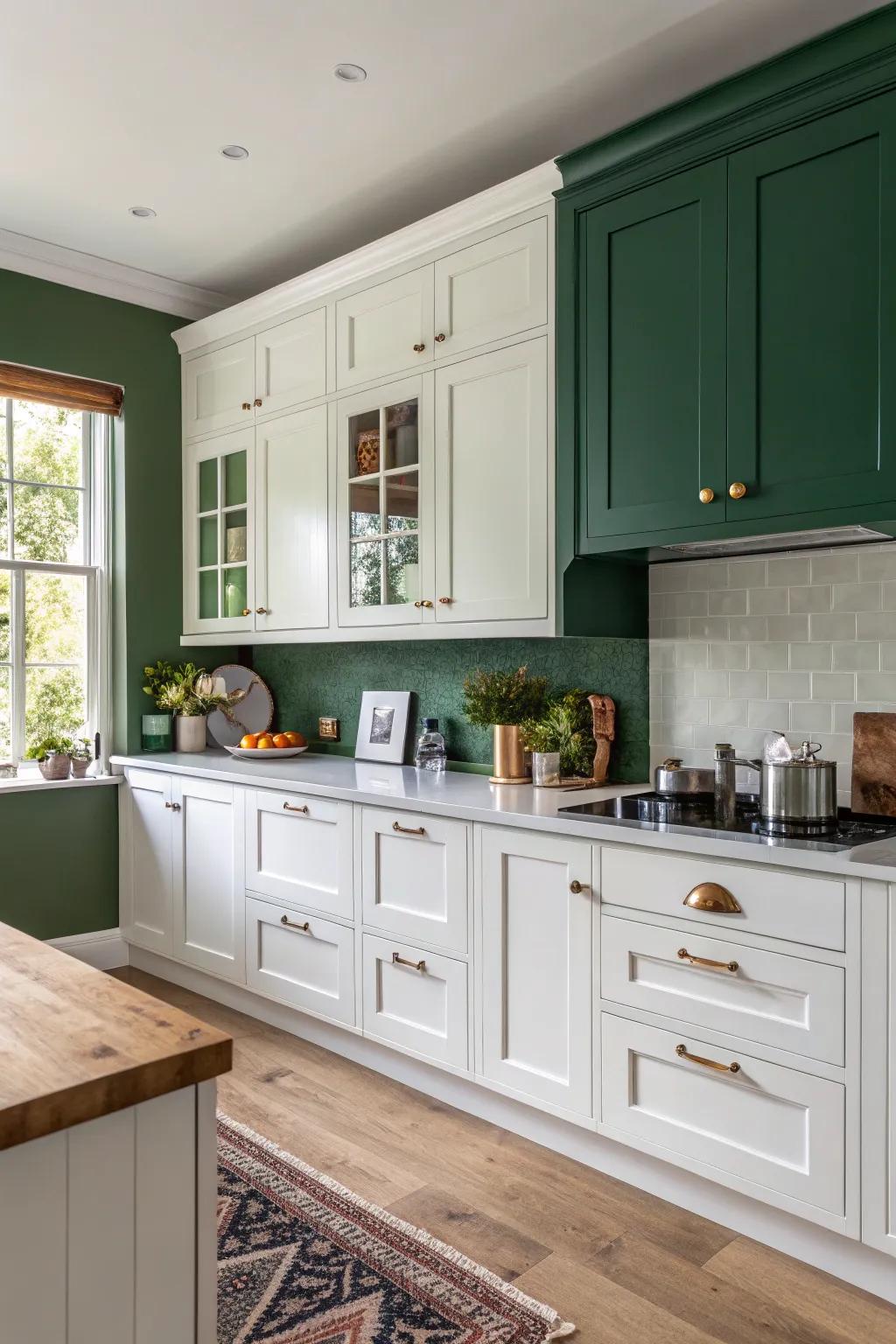A grounding and natural contrast is created with forest green walls.