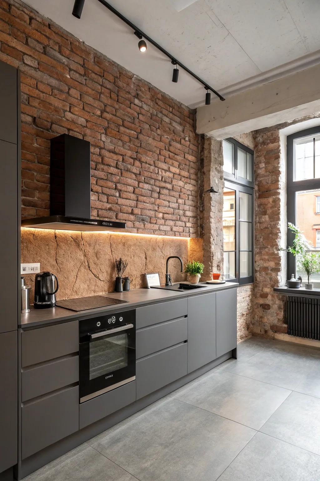 A modern kitchen with an uncovered brick wall, adding texture and style.