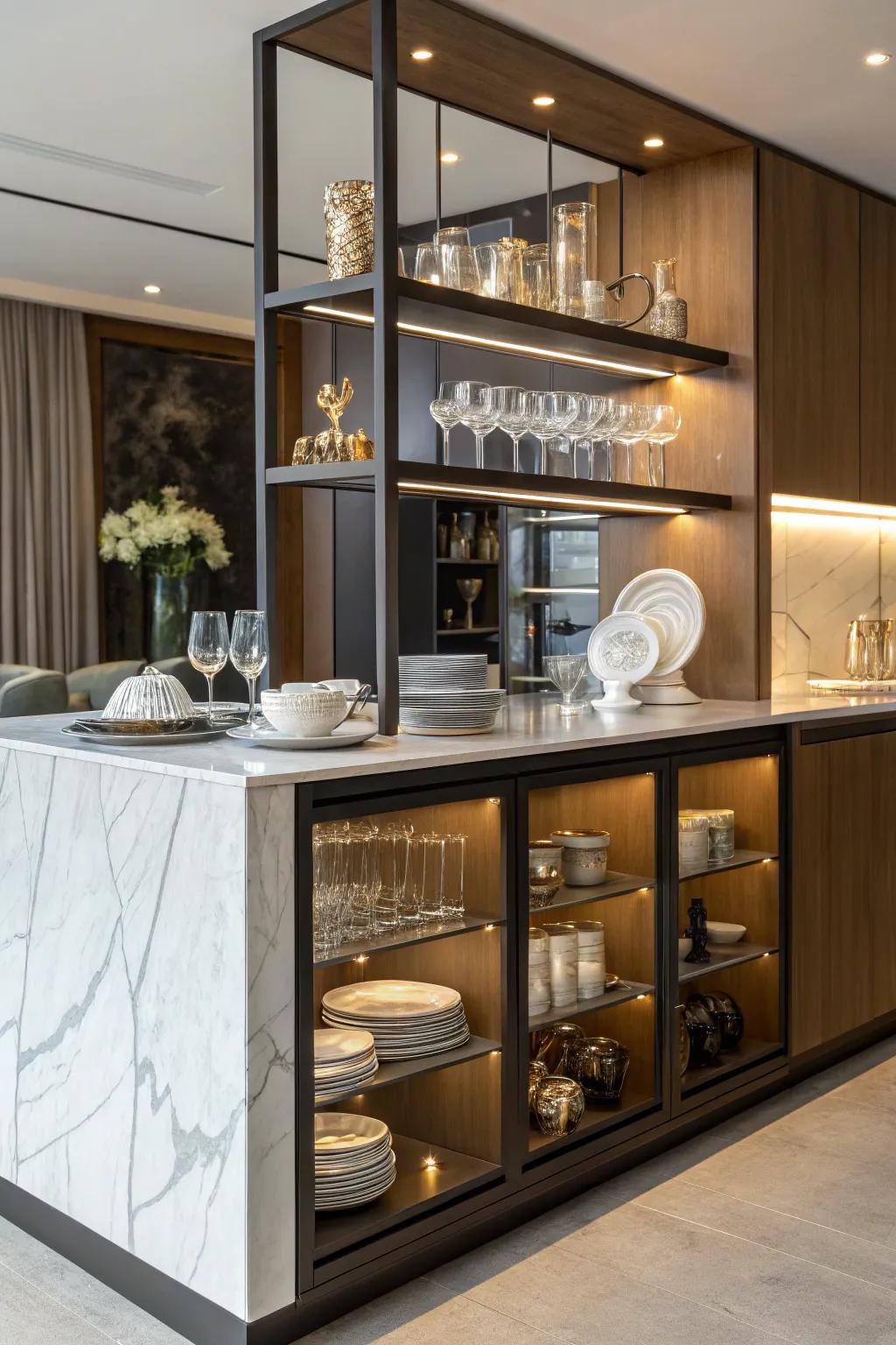 Open shelving on the island offers both functionality and design.